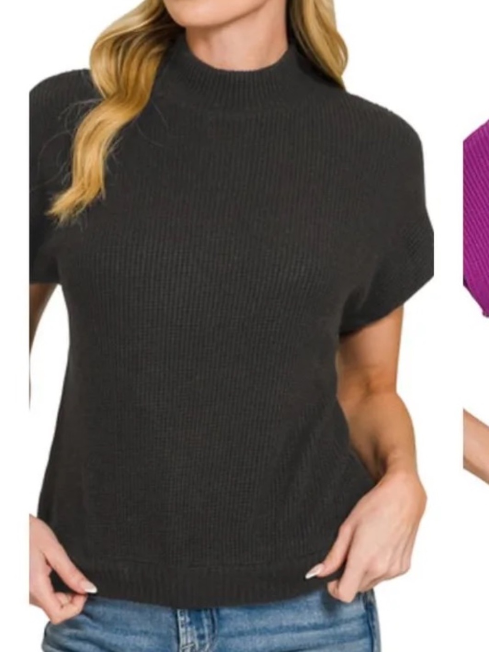 Zenana Waffle Knit Mock Neck Short Sleeve Sweater Top